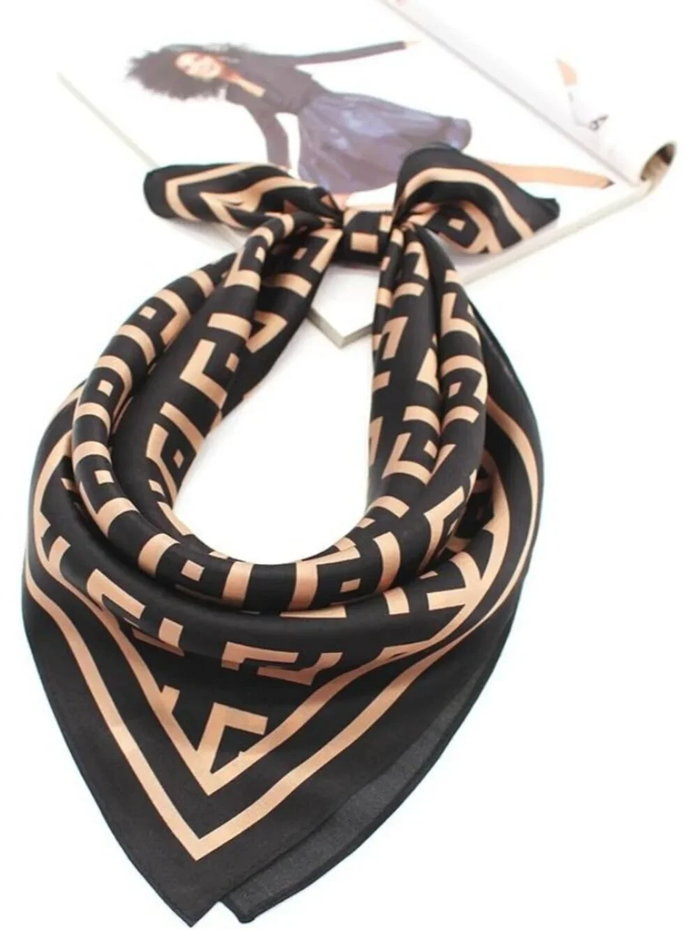 Women's Black Brown Scarf for Hair Digital Printed Headscarf Silk